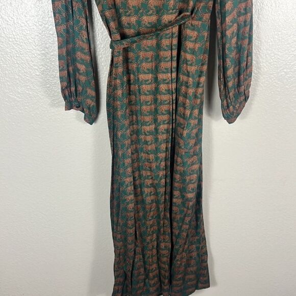 EMERSON FRY Bishop Sleeves Wrap Midi Dress  100% Rayon Dark Green Cheetah M - Picture 4 of 9